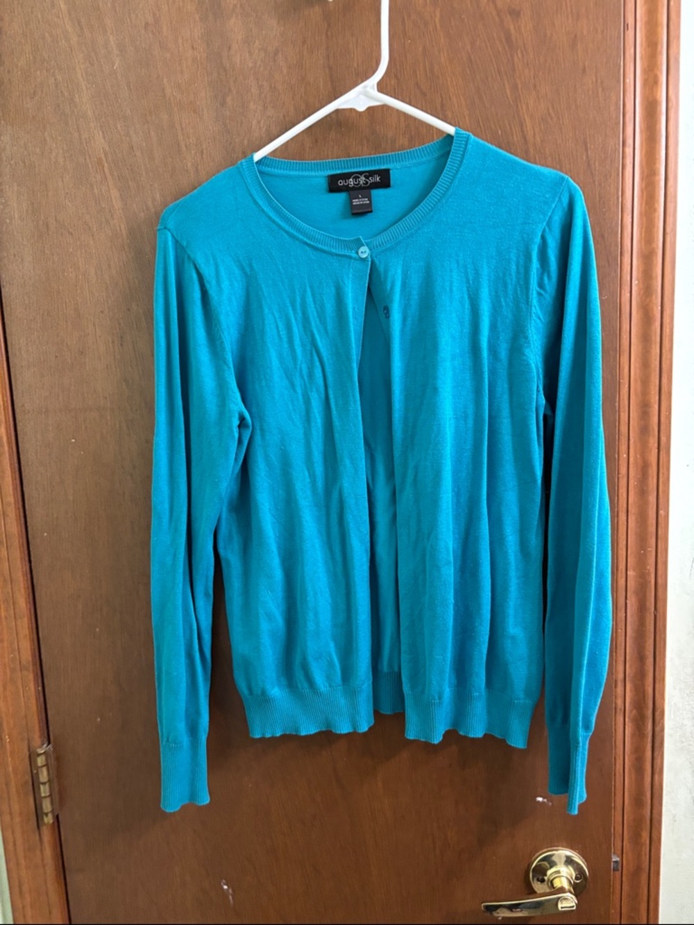 august silk teal crewneck cardigan